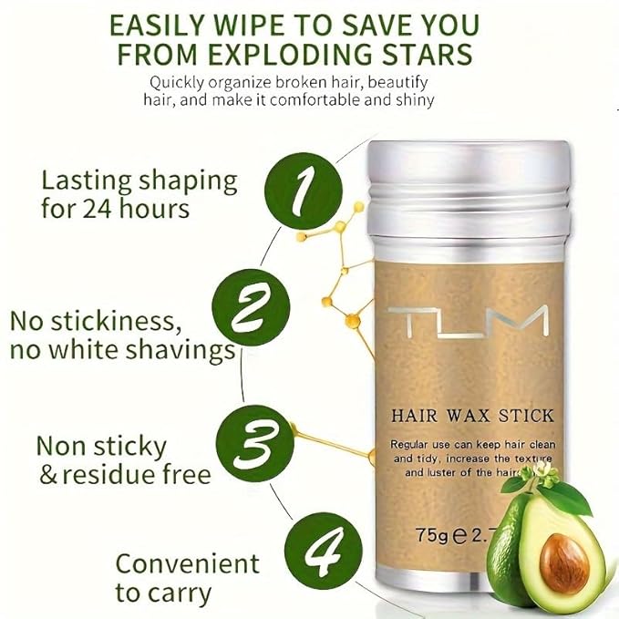 QINGFANGLI Hair Wax Stick, Strong Hold 24 Hours Matte Hair Styling Wax, Non Sticky No White Residue, Portable Solid Hair Wax for Short to Medium Hair, Easy to Apply & Wash Out, 2.7oz/75g