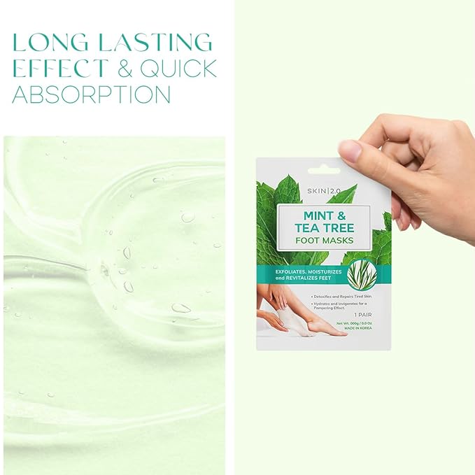 Skin 2.0 Tea Tree & Mint Foot Masks - Fights Athlete's Foot, Detoxifies & Exfoliates, Cooling & Relaxing - Dermatologist Tested Korean Skincare - Clean Beauty, Cruelty-Free, All Skin Types - 3 Pairs