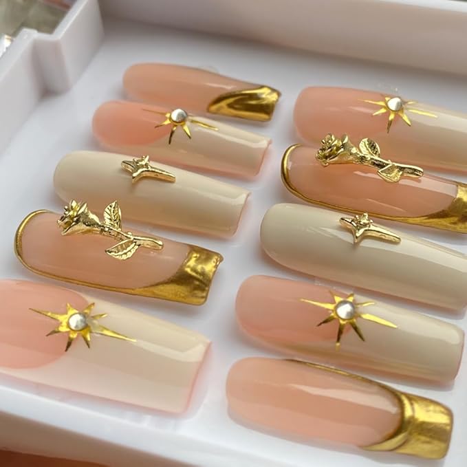 MAGLFELL Women Press On Nails - Long Length Coffin False Nails 10Pcs Luxury Handmade 3D Painting Art ABS Acrylic Artificial Fingernails (Size S)