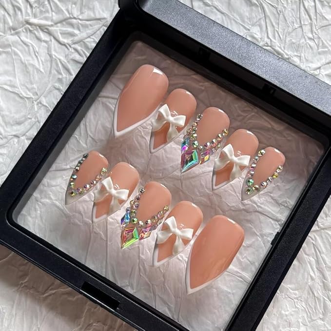 MAGLFELL Press on Nails Handmade Medium Length Almond Fake Nails, 3D French Salon Bow Design False Nails, 10 Pcs Reusable ABS Material Nail Tip Artificial Nails for Women (Size M)