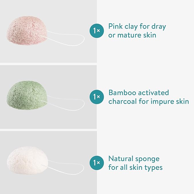 Navaris Konjac Sponges - Set of 3 - Facial & Body Natural Konjac Sponge Puffs - Exfoliating & Cleansing Sponges for Bath & Shower - Pink, Black, White