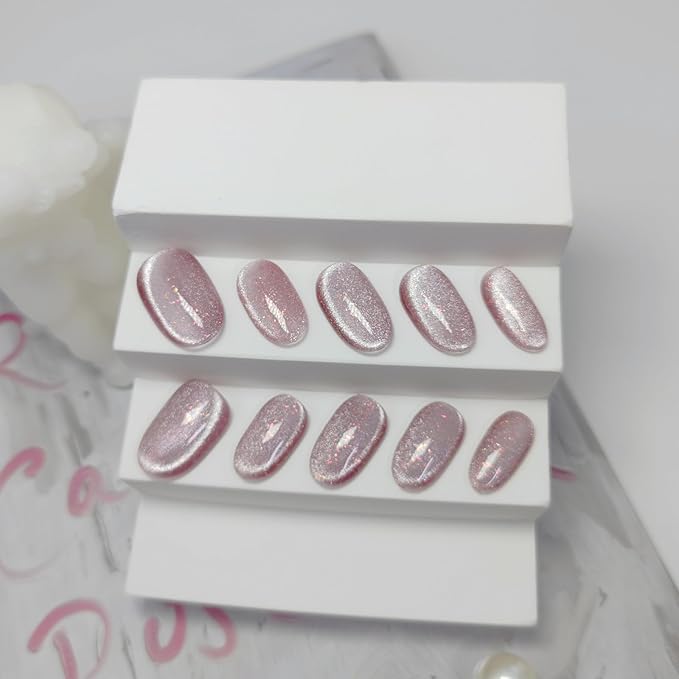 Cat Eye Press on Nails Handmade Short Oval/Square/Round False Nails with French Tip/Aurora/Magnetic Shimmer Designs (Side#Candy Wrapper S)