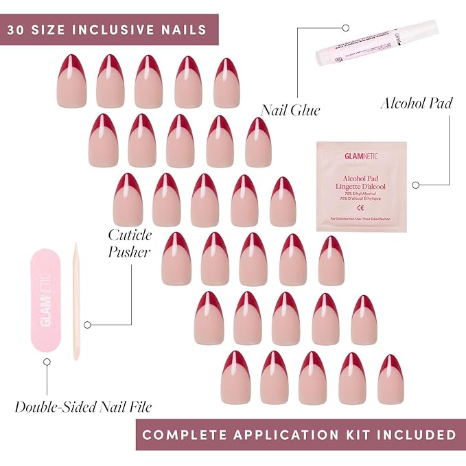 Glamnetic Press On Nails - Rose Garden | Semi-Transparent Red French Tip Short Almond Fake Nails in a Glossy Finish, Salon Quality | 15 Sizes - 30 Nail Kit
