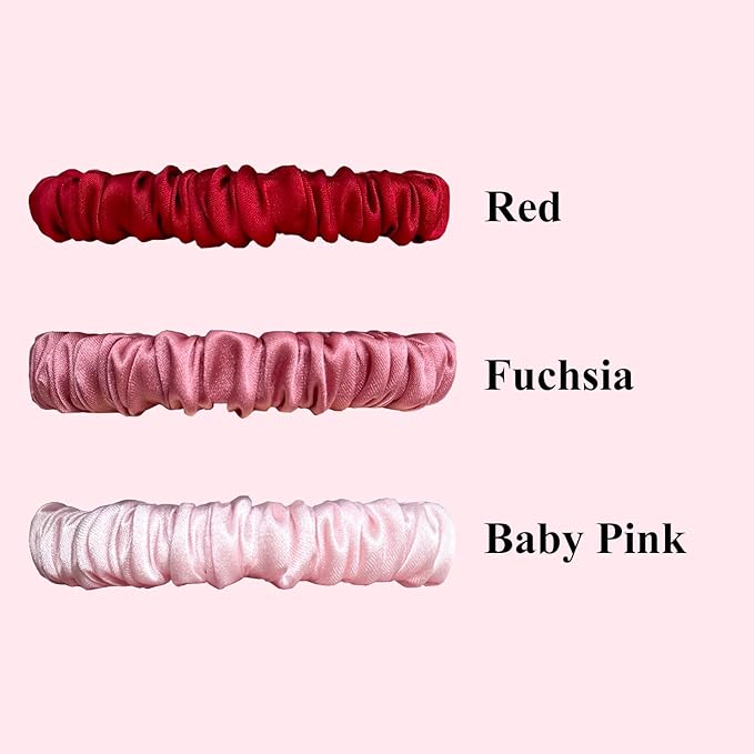 VLOMOT 3 Pcs Set 100% Pure Mulberry Silk Hair Scrunchies Hair Ties with 3 Chic Colors Everyday Skinny Scrunchies Silk Ponytail Holders Hair Care No Damage (Red)