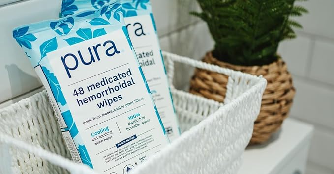 Pura Flushable Hemorrhoid Wipes XL, 48 Count, Medicated with Cooling Witch Hazel, Aloe & Coconut Oil, Fast Relief, Fragrance-Free, 100% Plastic-Free