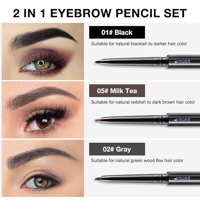 5 Pcs Dual-Sided Auto-rotate Ultra-Fine Tip Eye Brow Pencils Pack, Draws Tiny Precise Brow Makeup, Hairs, Defines, Fills Brows, Shapes, Contours, Combs, ‌1mm Pen Point (2*Black+2*Milk tea+Gray)