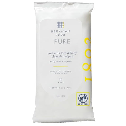 Beekman 1802 Face & Body Wipes - Fragrance Free, 30 Count, Cleanses Dirt & Makeup, With Goat Milk, Aloe & Vitamin E