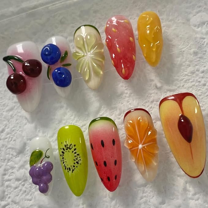 MAGLFELL Press On Nails - Medium Length Almond Handmade Unique Fake Nails, Artistic Design, Thick Acrylic and Muti-Layer Gel False Nails (Size S)