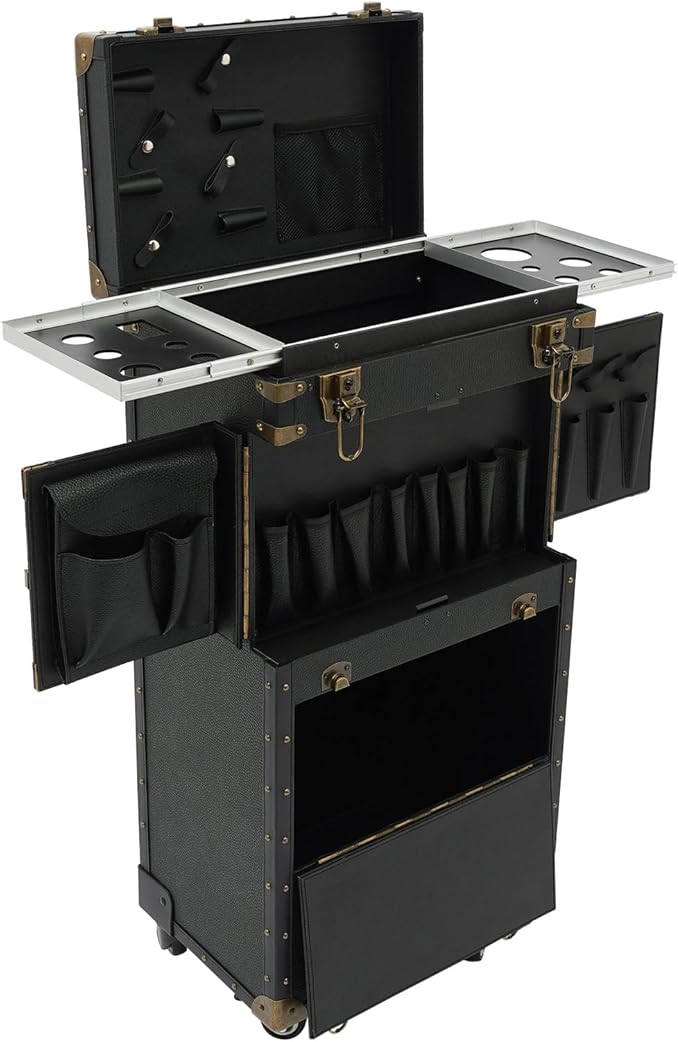 Rolling Lockable Makeup Train Case, Beauty Salon Luggage Hairdressing Trolley Stylist Beauty Salon Cosmetic Luggage Travel Organizer Tool Box for Professional Hairdressers(Balck)