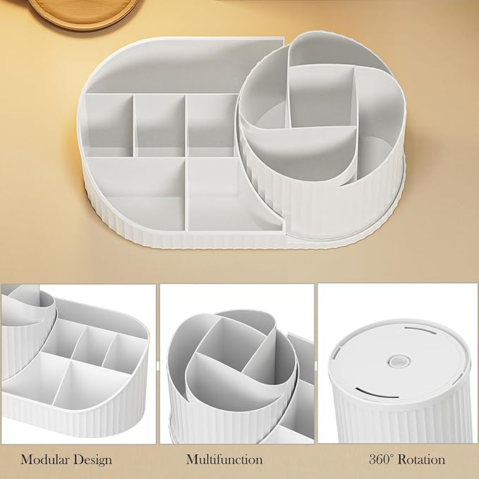 SOVGIZF Makeup Organizer for Vanity, Rotating Cosmetic Storage Organizer with Brush Holder, Skincare Display Case, small Countertop Makeup Holder for Bathroom or Dresser,White