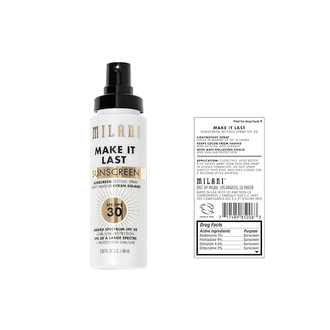 Milani Sunscreen Setting Spray + Primer, Make It Last Sunscreen for Face- SPF 30 UVA & UVB Protection Antioxidant Rich Formula for Broad Spectrum Protection, Prime + Set + Protect, 2.02Fl. Oz - 2 Pack