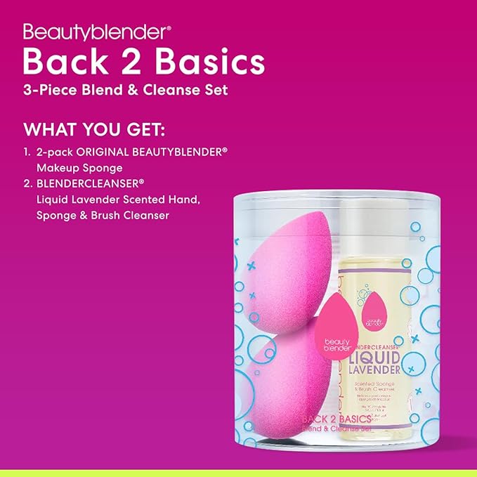 Beautyblender® | Back 2 Basics 3-Piece Blend & Cleanse Set, 2 Original Beauty Blenders + Blendercleanser® Liquid Lavender Makeup Sponge + Brush Cleaner, Made in USA, Vegan, Cruelty Free, 3 oz