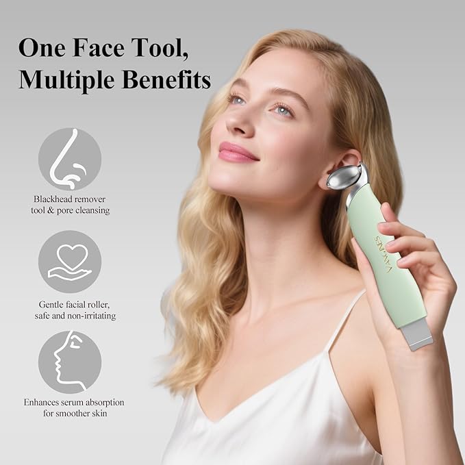Vangines Blackhead Scraper Tool & Skin Scrubber Face Spatula for Blackhead Removal, Pore Cleaning, with Cooling Ice Roller & 2 Silicone Brush Heads (Sage Mist)