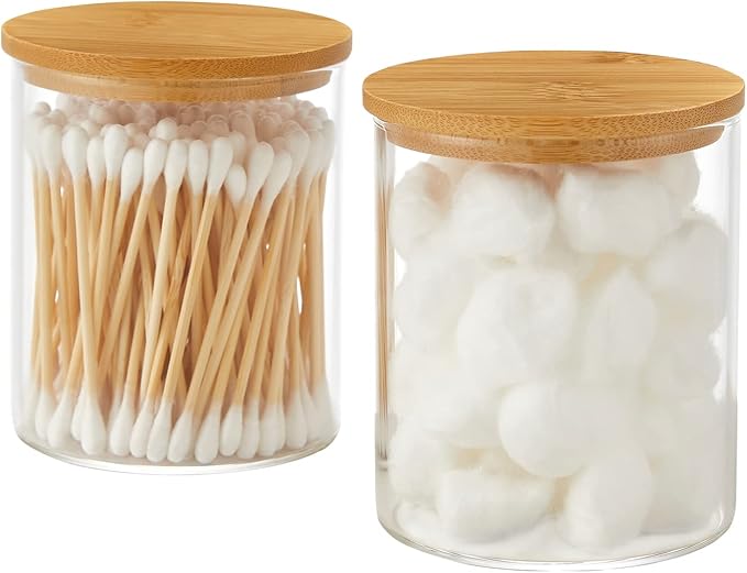 INIUNIK Glass Qtip Holder Dispenser with Bamboo Lid - 2 Pack Apothecary Jars - Cotton Balls Pads Swabs Holder Jar - Bathroom Vanity Canisters Jars for Countertop Storage and Organization