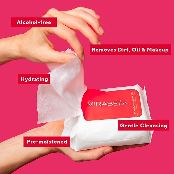 Mirabella Makeup Remover Wipes, 30 Count - Alcohol-Free Travel Face Wipes for Women with Aloe Vera & Micellar Water for Clean, Refreshed Skin - Fragrance-Free