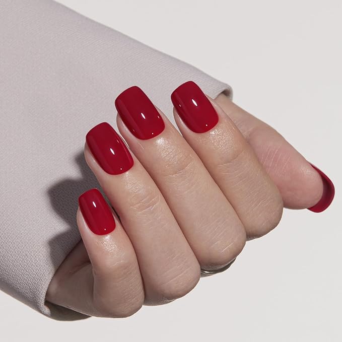 VSALON Press on Nails Short Square - Red Glossy Pastel New Year Fake Nail Kit for Women,Reusable Gel Opaque Glue on Nails with Glue & Cuticle Oil - 32 PCS Stick on Nails in 16 Sizes