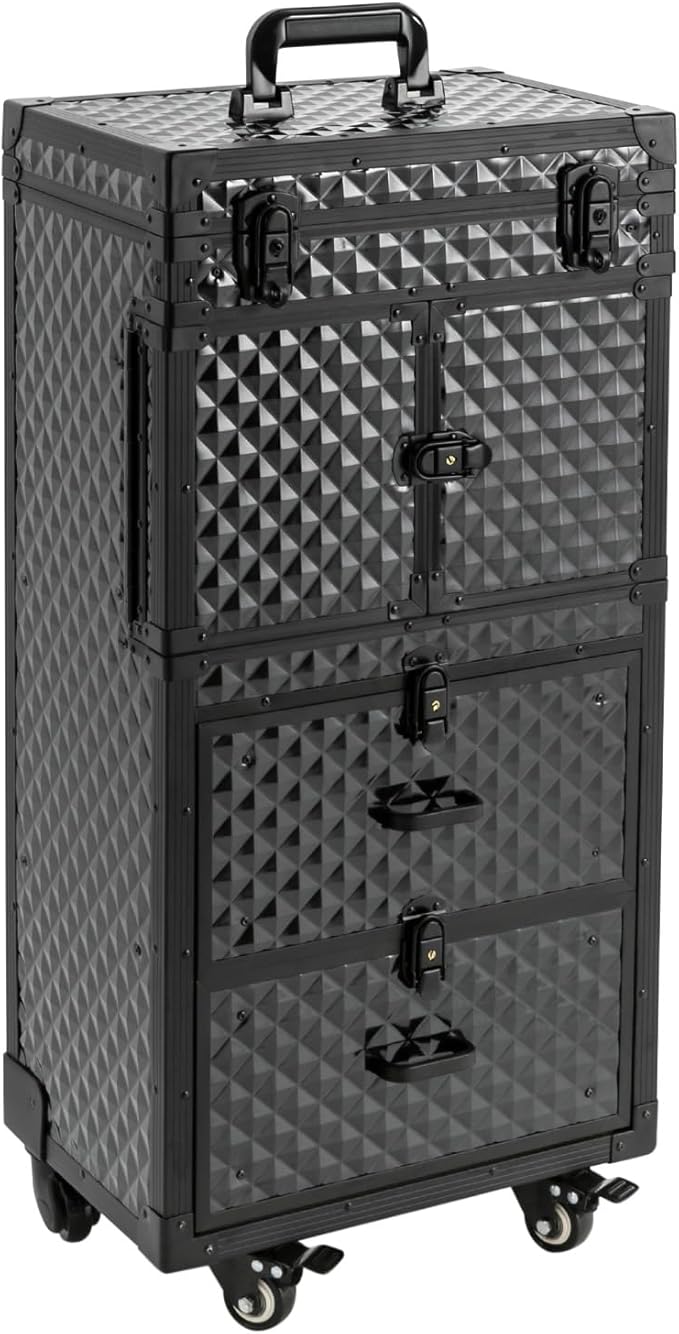 Rolling Lockable Makeup Train Case,Large Cosmetic Organizer Train Case Makeup Travel Case with 360° Swivel Wheels, Trolley Makeup Travel Organizer,Black
