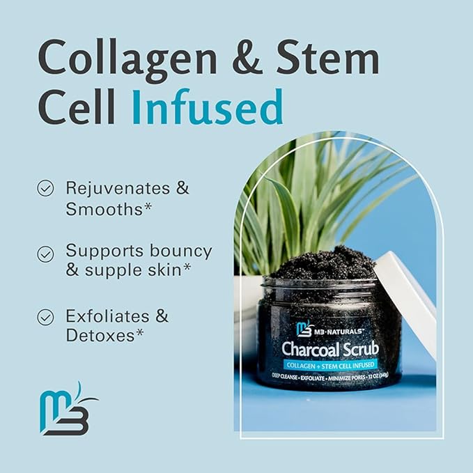 Exfoliating Charcoal Scrub with Collagen & Stem Cells – Salt Scrub for Body Toning, Cellulite, Armpit Detox, and Skin Smoothing for Face, Feet, and Body by M3 Naturals