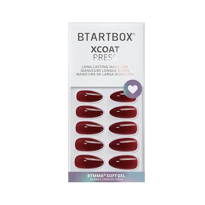 BTArtbox Press On Nails Almond - Lamp-Curable Dark Red Medium Press On Nails with Glue for Women, Semi-Transparent Soft Gel Glue On Nails in 15 Sizes - 30 Stick On Nails Kit, Blackout