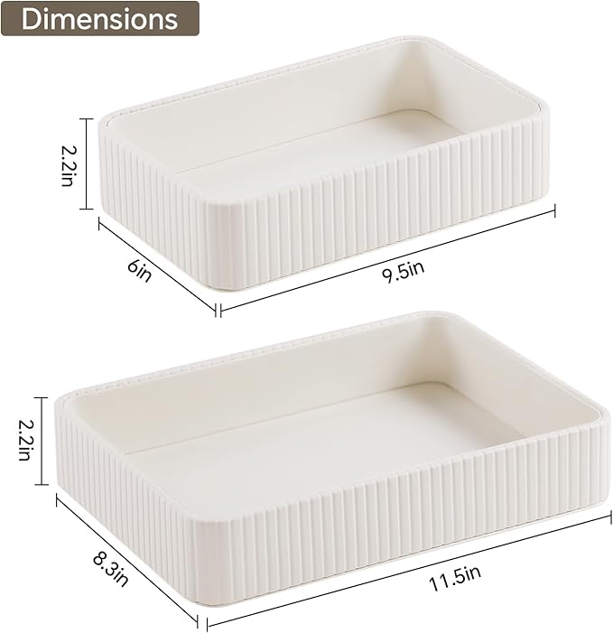 MEIBOOCH 2 Pack Nightstand Organizer Tray, Decorative Perfume Valet Tray Trinket Dish Catch All Purse Key Bowl, PU Leather Coffee Table Trays for Vanity Dresser Bedside Bathroom Countertop (Ivory)
