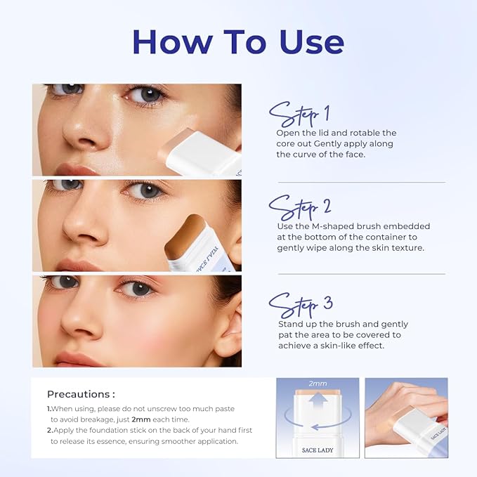 SACE LADY Foundation Stick, Medium to Full Coverage Foundation Makeup with Built-in Brush, Soft Matte Face Make Up Base with SPF 30 for Women, 0.4Oz (02#)