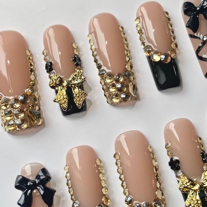 MAGLFELL Press On Nails - Handmade French Square Fake Nails, Luxury Cute Golden Bow and Diamond Design, Reusable Artificial Square False Nails for Women 10 Pcs 3D Acrylic Nails Kit (Size M)