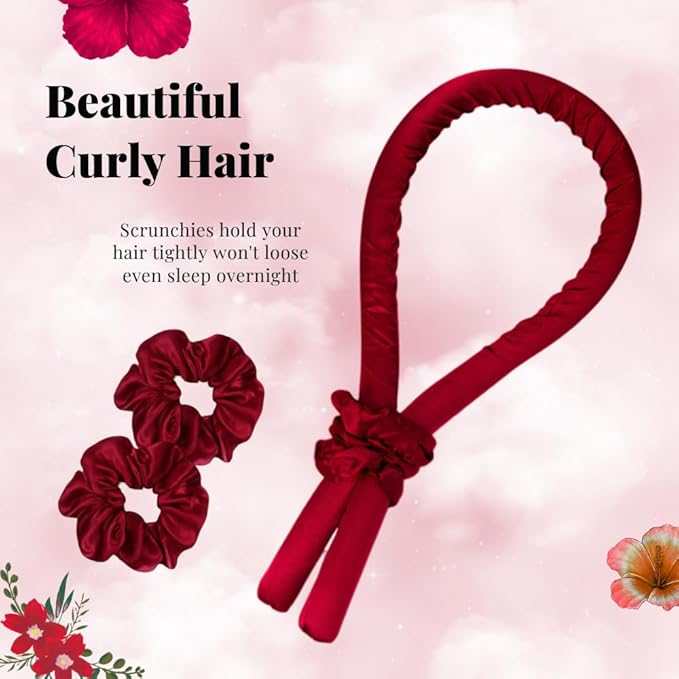 PURELYNE Heatless Hair Curler | 5PC No Heat Curling Rod Headband | With Satin Bonnet, Curler, 2 Scrunchies & Claw Clip Set | Curl Kit for Women & Girls (Wine Red, Medium)