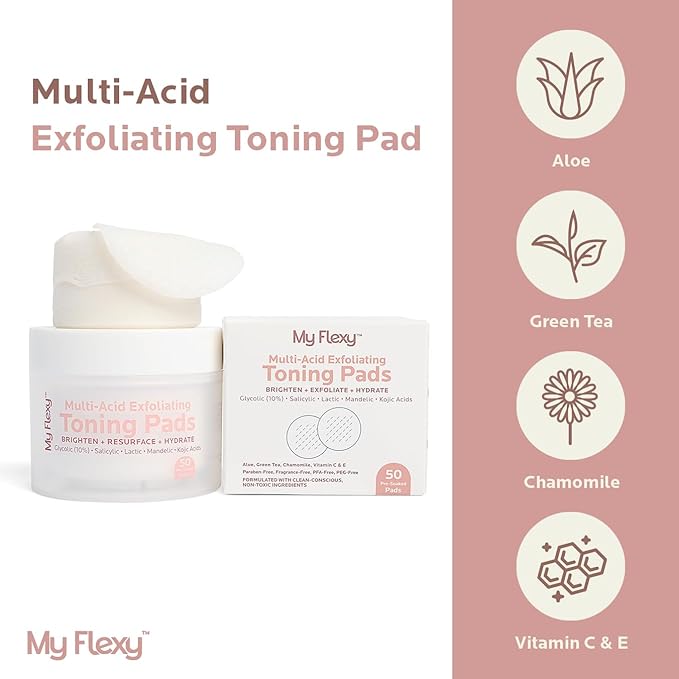 Multi Acid Toner Pads, Exfoliating Face Pads with Glycolic, Lactic, Mandelic, Kojic, & Salicylic Acid. Skin Pore Reducing, Toning, Resurfacing Facial Treatment for Wrinkles & Dull Skin - 50 Count