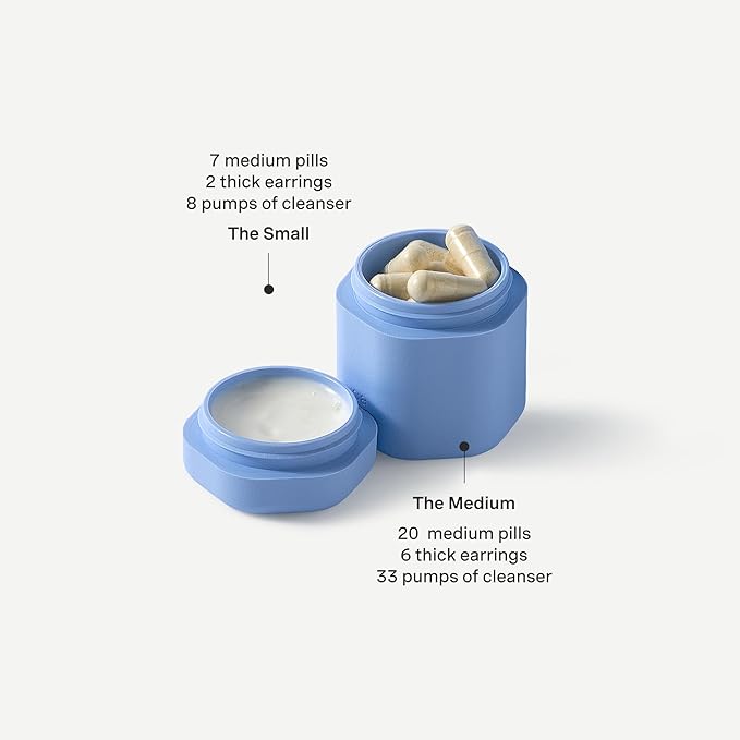 Cadence Travel Containers - Daily Routine Capsule Set - Magnetic Containers with Lids,4 Flex Mediums (1.32oz) & 3 Flex Smalls (0.56oz) - Shampoo, Conditioner, Body Wash, Pills, & More - Eucalyptus