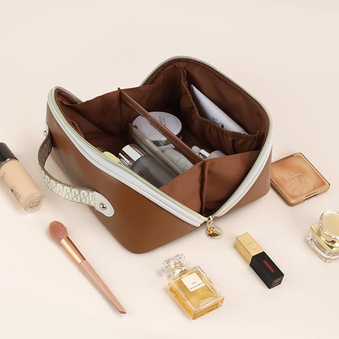 Prite Travel Cosmetic Bag Makeup Organizer Bag For Women Large Capacity Waterproof PU Leather Toiletry Bag with Handle and Clear Divider(Dark Brown)