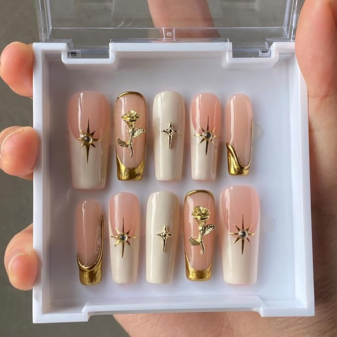 Medium Women Press On Nails - Medium Coffin False Nails 10Pcs Luxury Handmade 3D Painting Art ABS Acrylic Artificial Fingernails-M-size