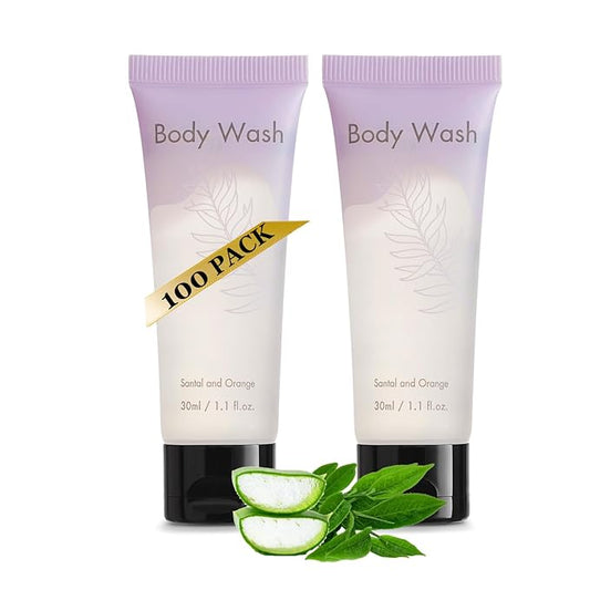 NISGUR Leak-Proof Travel Size Body Wash 1 Oz Each Pack of 100 Bulk Pack Hotel Body Wash Santal and Orange Scent Amenities and Toiletries for Hospitality