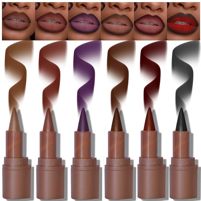 BAISEN DIARY 6PCS 2-in-1 Gradient Lip Liner and Lipstick Lip Combo Set - Achieve Flawless Contour and Gradual Ombre Effect with Easy-to-Use Crayon Form and Cone Tip, Dark Brown Black Lip Liner Set