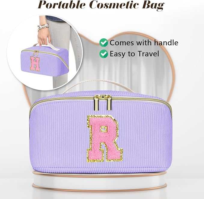 Personalized Initial Makeup Bag, Valentine's Day Gifts for Girls,Preppy Bag Cosmetic Travel Bag Women,Travel Toiletry Organizer,Large Capacity Corduroy Stuff Bag,Cute Cosmetic Pouch Skincare Bag