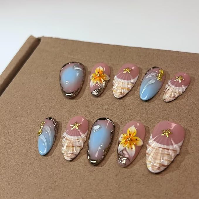 MAGLFELL Press On Nails - Handmade Medium Length Almond French Tip Fake Nails, Shell Painting Design, Reusable Artificial Almond False Nails for Women 10 Pcs Acrylic Nails Kit (Size L)