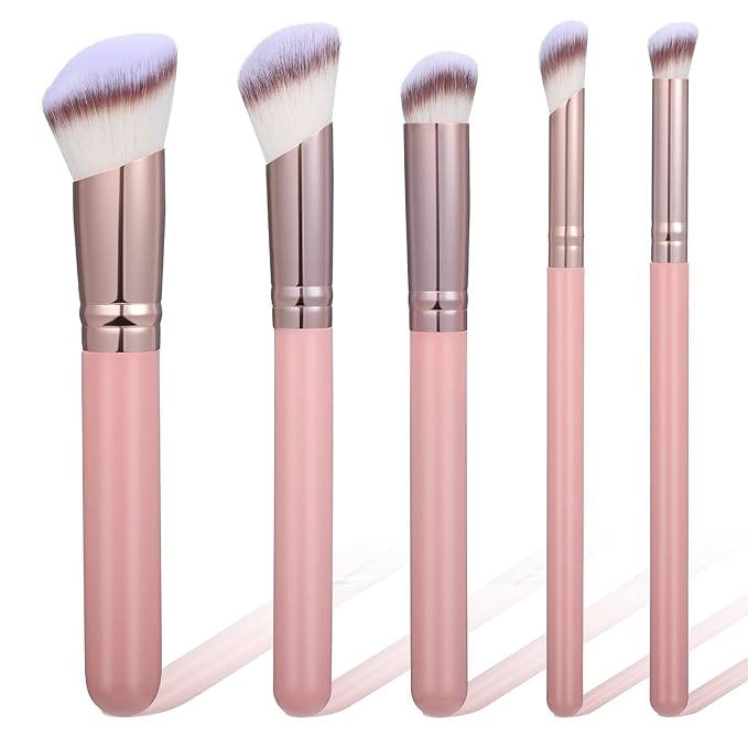 5PCS Angled Pink Makeup Brushes Set, Foundation, Concealer, Contour, Eyeshadow Brushe, Concealer, Foundation, Powder, Eyeshadow, Contour