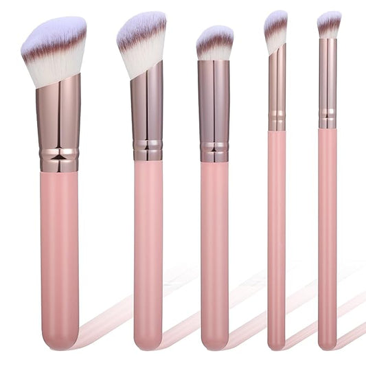 5PCS Angled Pink Makeup Brushes Set, Foundation, Concealer, Contour, Eyeshadow Brushe, Concealer, Foundation, Powder, Eyeshadow, Contour