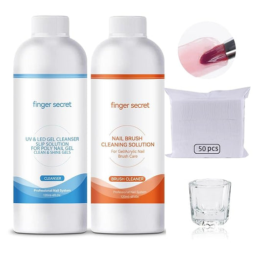 BEVINAS Slip Solution Kit Slip Solution & Nail Brush Cleaner Slip Solution for Poly Gel Nails Quickly Clean Nail Brushes with Glass Cup Nail Cleaning pads Easy DIY Poly Gel Nail at Home