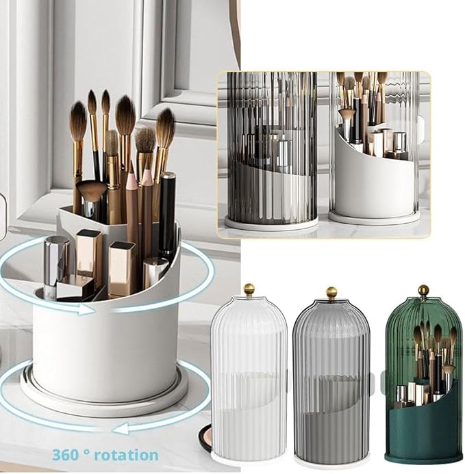 Concealed Toothbrush Holder with Sliding Lid, 360° Rotating Makeup Brush Organizer, Dustproof Storage Tube for Vanity Countertop, Portable Cosmetic & Tool Case (White)