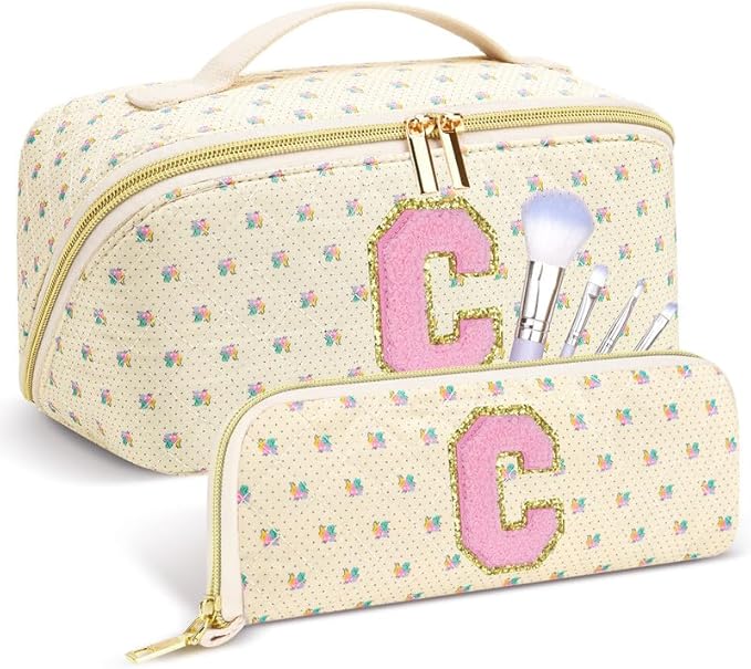 Personalized Travel Makeup Bag Set, Initial Travel Cute Floral Makeup Organizer Bag, Beige Toiletry Skincare Cosmetic Bag, Valentine’s Day Gifts for Women/Girls, Open Flat Toiletry Pouch Brush Bag