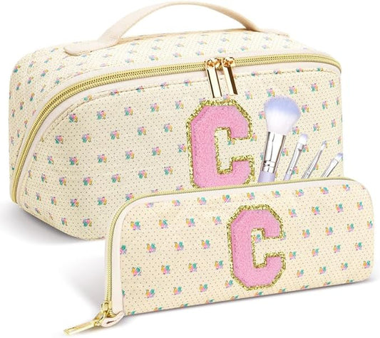 Personalized Travel Makeup Bag Set, Initial Travel Cute Floral Makeup Organizer Bag, Beige Toiletry Skincare Cosmetic Bag, Valentine’s Day Gifts for Women/Girls, Open Flat Toiletry Pouch Brush Bag