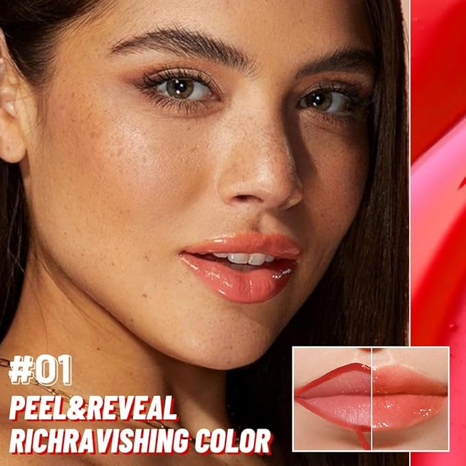 JUAAZIN Vivid Apricot Lip Stain Peel Off Lip liner and Lip oil with Tweezer, Dual-Ended Peel Off Lip Stain Tattoo, Highly Pigmented Long Lasting Waterproof, Transfer-proof for All Skin Types, 01#