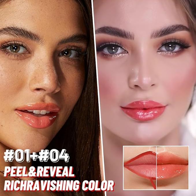 JUAAZIN 2Pcs Lip Stain Peel Off Lip Gloss oil Dual-Ended Combo, Lips Liner Stain Peel Off Masque, Long Lasting & Waterproof, Transfer-Proof Lip Tint Stain with Lip oil for All Skin Type 01#+04#