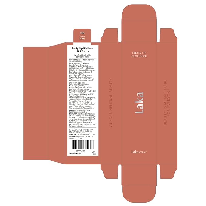 Laka Fruity Lip Glotioner, 10ml/0.33 fl.oz, Lip Gloss with High Shine Vivid Colors, Jelly tip for Hygienic & Easy Application, Plumping Conditioner, Vegan, K-Beauty (#705 Toasty)