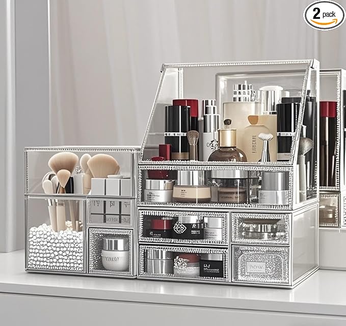 Hersoo Glass Makeup Organizer for Vanity/Stackable 2Pieces Drawer Set/Antique Countertop Vanity Cosmetic Storage Box Mirror Glass Beauty Display, Holder for Brushes Lipsticks Skincare Toner (Silver)