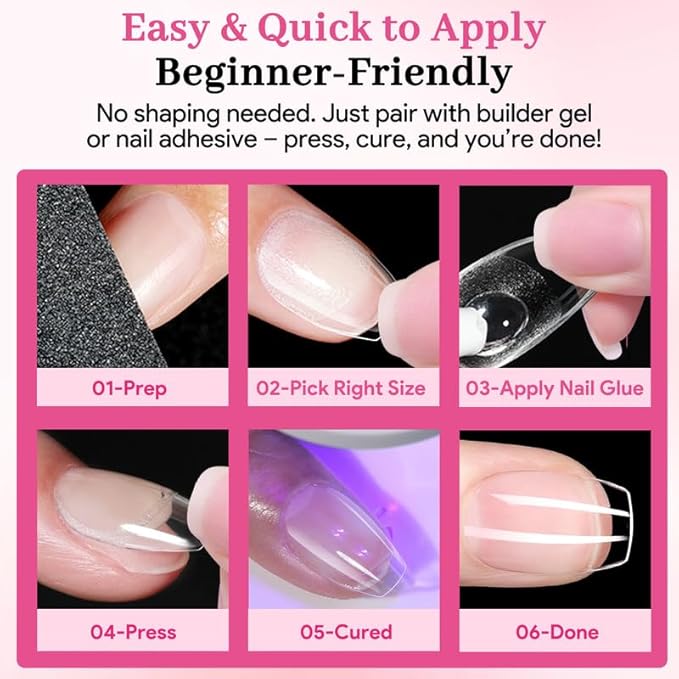 Qiek Extra Short Coffin Fake Nail Tips, 15 Sizes 240 PCS Clear Half Matte Press On False Nail Pre-shaped Half Soft Cover Gel Nail Tips Extensions Thick Long Lasting for DIY Beginners & Salon Manicure