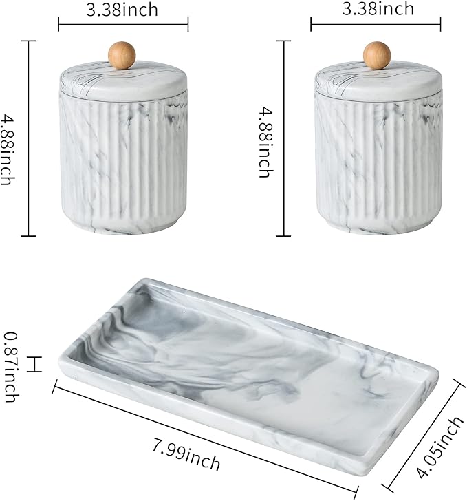 Redelaenor Marble Small Bathroom Jar Set ，Ceramic Cotton Swabs Holder with Lid and Dresser Organizer Set Tray for Storage and Organizing in Bathroom, Dresser, Kitchen, Office