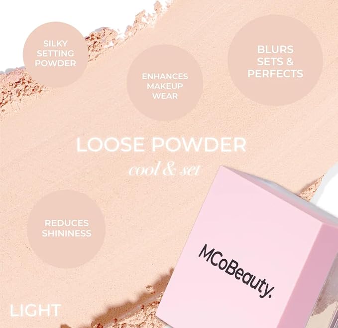 MCoBeauty - Loose Powder Cool & Set - Light Shade - Finely Milled Water-Based Setting Powder with Hyaluronic Acid, Glycerin & Vitamin E - Vegan, Cruelty Free Cosmetics - Face Makeup