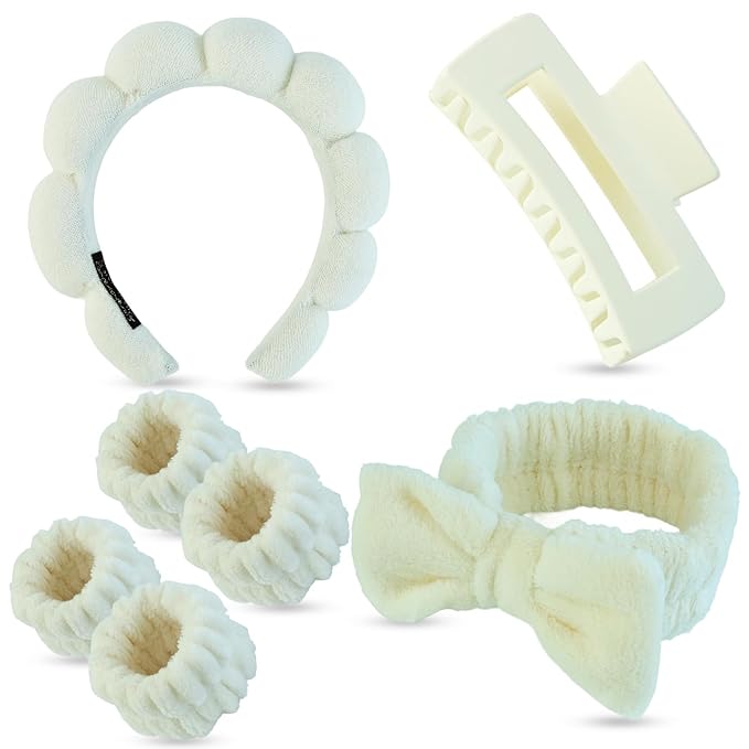 Yaqulen 7 Pcs Spa Set, Facial Headband and Wristband Set, Skincare Accessories, College Style Girl Idea Gifts, Hair Accessories for Women and Girls（Light Beige）