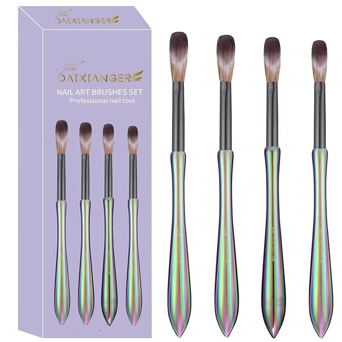 DAIXIANGER 4Pcs Professional Acrylic Nail Brush Set, Size 6/8/10/12, Holographic Gradient Handle Nail Brushes for Acrylic Application Powder & Nail Extension, Nail Carving Tools for DIY Home Salon
